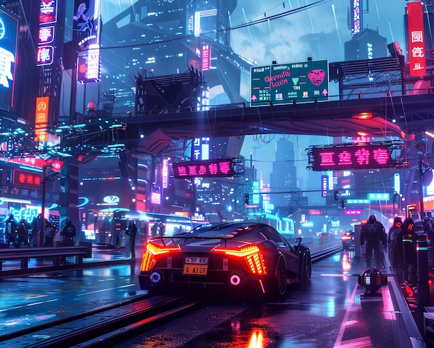 Foto grátis rua da cidade cyberpunk à noite com luzes de néon e estética futurista