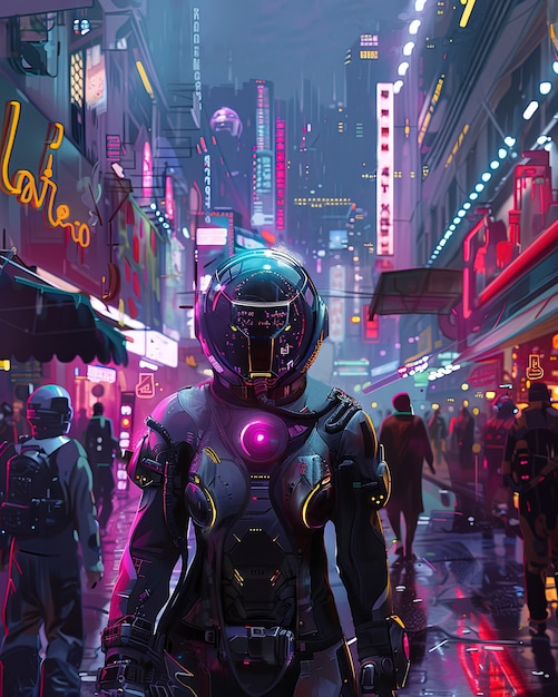 Rua da cidade cyberpunk à noite com luzes de néon e estética futurista