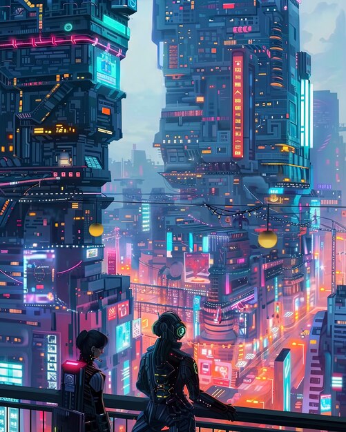 Rua da cidade cyberpunk à noite com luzes de néon e estética futurista