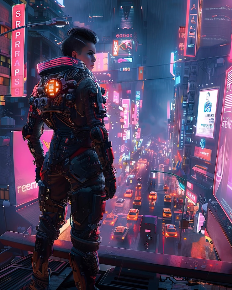Foto grátis rua da cidade cyberpunk à noite com luzes de néon e estética futurista