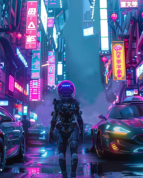 Rua da cidade cyberpunk à noite com luzes de néon e estética futurista