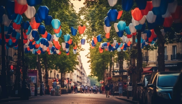 Foto grátis rua movimentada da cidade iluminada por lanternas multicoloridas geradas por ia