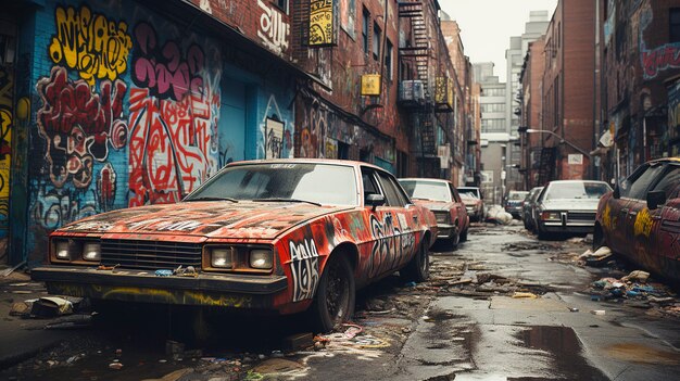 Ruas de Nova Iorque com carro abandonado