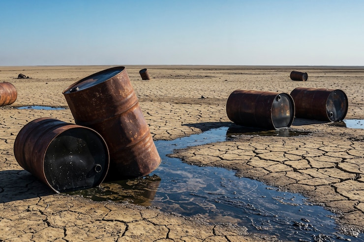 Foto grátis rusty barrels on cracked earth