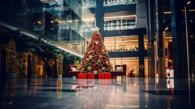 Árvore de natal decorada com enfeites em espaço público