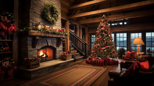 Árvore de natal lindamente decorada em cabana de madeira