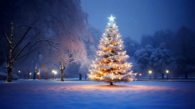 Árvore de Natal no parque nevado