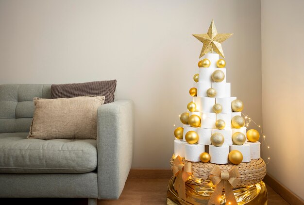 Árvore de papel higiênico de Natal com bolas de natal douradas