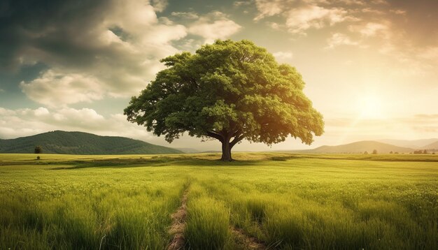 Árvore de prado verde e beleza do pôr do sol gerada por IA