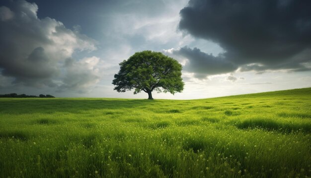 Árvore de prado verde e céu ao pôr do sol gerado por IA