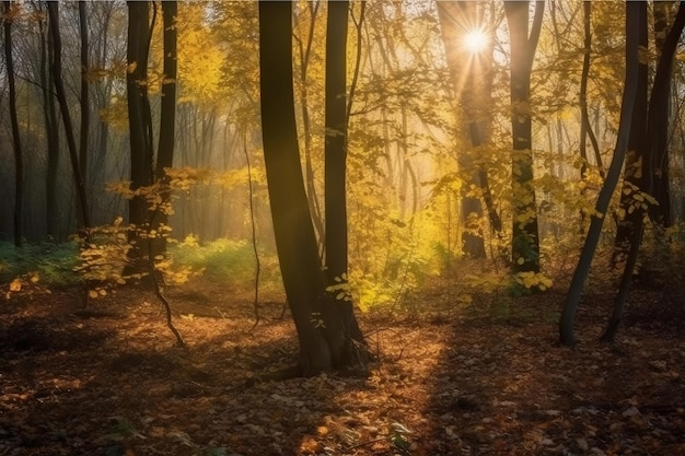 Árvores folhosas de folha caduca na floresta com atmosfera de luz solar dourada generativa ai