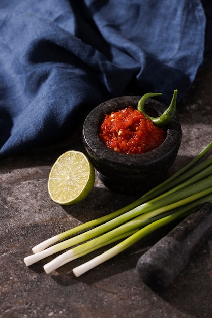 Saborosa refeição com arranjo de sambal