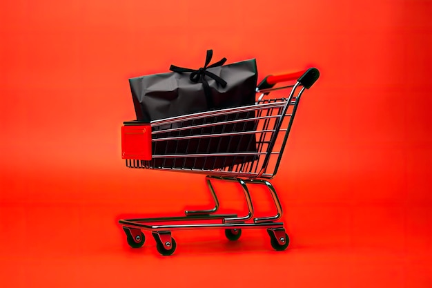 Foto grátis sacos de papel preto no carrinho de compras em fundo vermelho