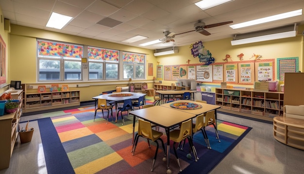 Sala de aula moderna com cores vivas e brinquedos gerados por IA