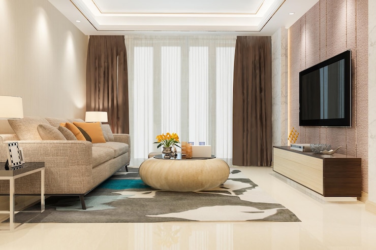 Foto grátis sala de estar de luxo loft de renderização 3d com estante com pufe