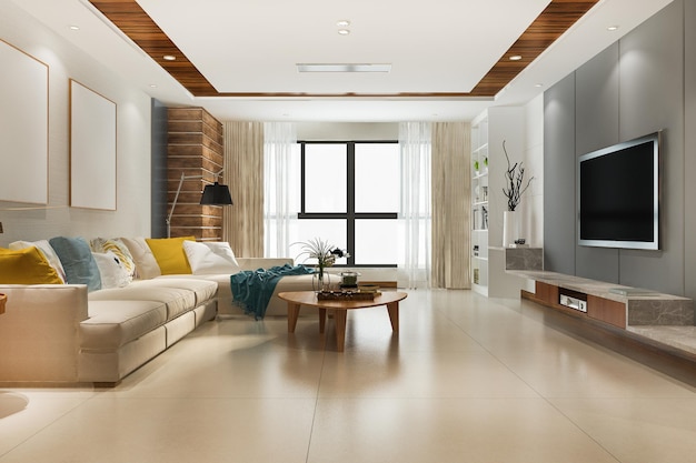 Sala de estar de luxo loft de renderização 3d com estante perto da estante