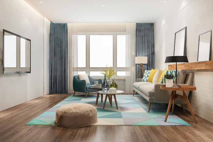 Foto grátis sala de estar escandinava loft de renderização 3d com mesa de trabalho e estante