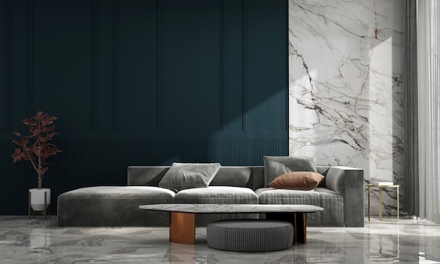 Sala de estar moderna e aconchegante e design de interiores de fundo de textura de parede verde Foto Premium
