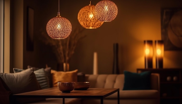 Sala de estar moderna e luxuosa iluminada com elegância gerada por IA