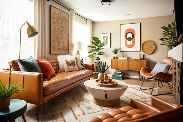 Sala estilo Mid Century com cores quentes Ai generative