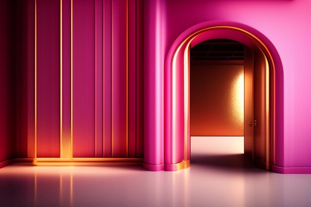 Sala rosa com uma porta e uma luz na parede