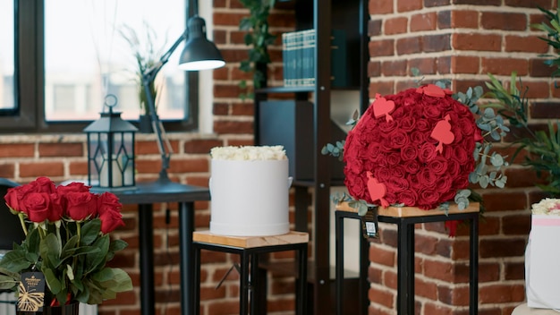 Sala vazia com buquê de flores para evento de dia dos namorados, comemorando férias românticas com rosas vermelhas em caixas e doces presentes. Ninguém no espaço com presentes para expressar amor e paixão.