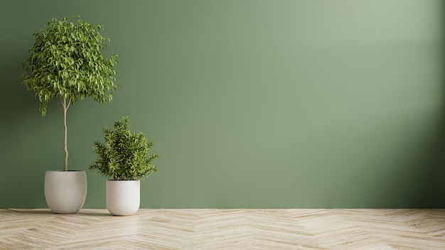 Sala vazia de parede verde com plantas em um piso de madeira renderização em 3d