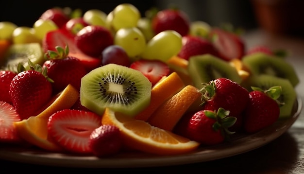 Foto grátis salada de frutas frescas com frutas maduras e kiwi gerada por ia