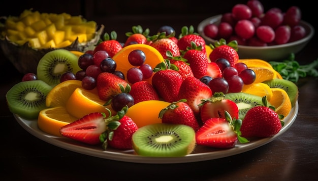 Foto grátis salada de frutas frescas com frutas suculentas e kiwi gerada por ia