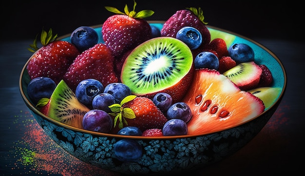 Salada de frutas frescas na mesa de madeira AI generativa