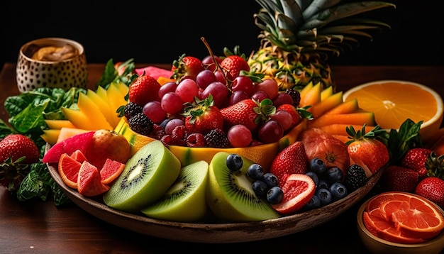 Salada de frutas frescas, uma delícia gourmet saudável gerada por ia