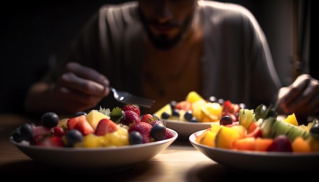 Salada de frutas saudável com variação colorida gerada por IA