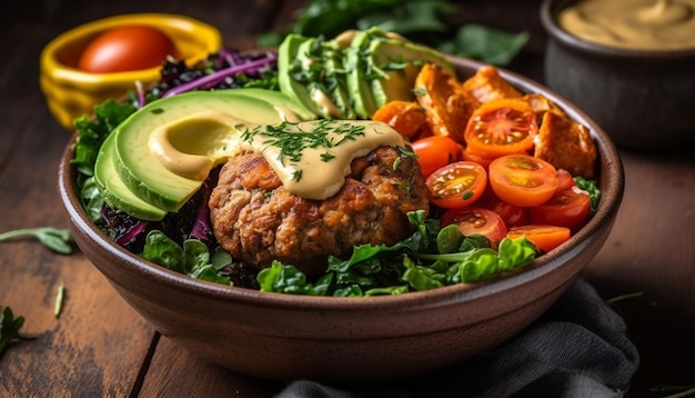 Foto grátis salada gourmet fresca com vegetais orgânicos de carne grelhada e ervas geradas por ia