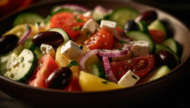 Salada grega gourmet saudável com legumes frescos gerados por IA