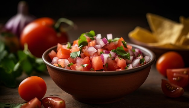 Salada vegetariana fresca com tomate picado e cebola gerada por IA