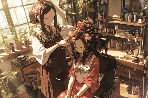 Salão de beleza de estilo anime com equipamentos de cosmetologia