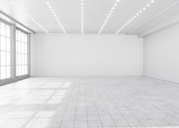 Salas e paredes mínimas com efeitos de iluminação em renderização 3D
