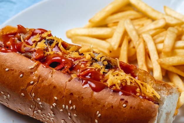 Salsicha grelhada de cachorro-quente de vista lateral com ketchup de queijo de cebola caramelizada e batatas fritas em cima da mesa