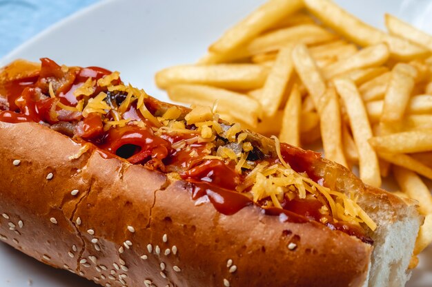 Salsicha grelhada de cachorro-quente de vista lateral com ketchup de queijo de cebola caramelizada e batatas fritas em cima da mesa