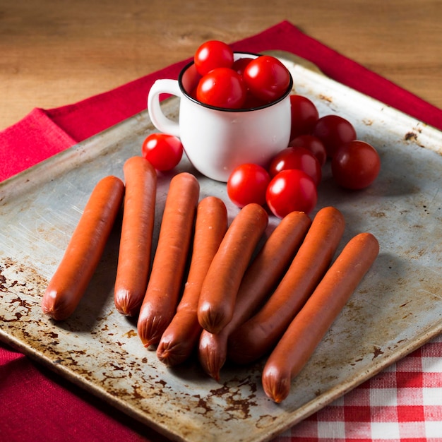 Foto grátis salsichas de ângulo alto e tomates cereja