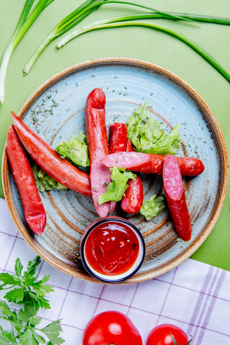 Foto grátis salsichas defumadas com ketchup