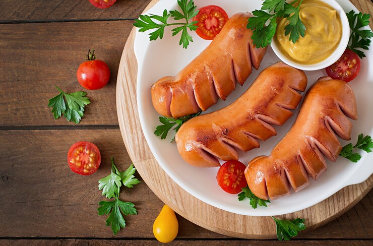 Foto grátis salsichas na panela de grelhar na mesa de madeira
