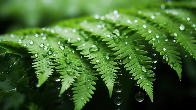 Samambaias exuberantes e verdes adornadas com gotas de orvalho que refletem a luz da manhã Verdes vibrantes e orvalho cintilante transmitem o frescor da natureza