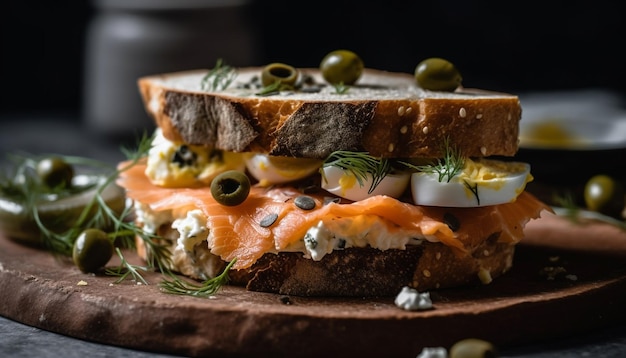 Foto grátis sanduíche ciabatta rústico com legumes grelhados com presunto e salada fresca gerada por ia