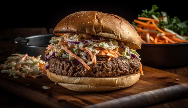 Sanduíche de carne suína grelhada com salada de repolho e batata frita gerada por IA