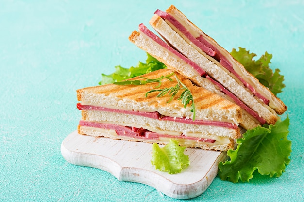 Sanduíche de clube - panini com presunto e queijo. Comida para piquenique.