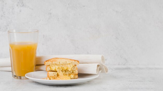 Sanduíche de queijo e suco de alto ângulo