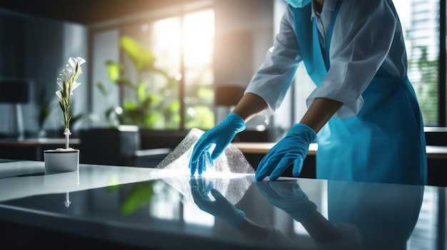 Foto grátis sanitização de uma mesa de escritório por pessoal de limpeza profissional usando sprays e lenços umedecidos