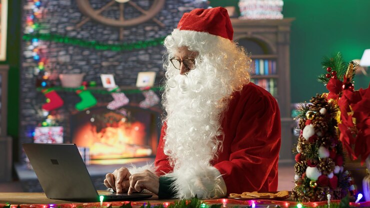 Foto grátis são nicolau está ocupado na internet a navegar em sites de natal na sua cabana.
