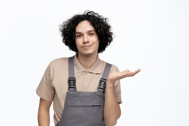 Foto grátis satisfeito jovem trabalhador da construção civil vestindo uniforme olhando para a câmera mostrando a mão vazia isolada no fundo branco